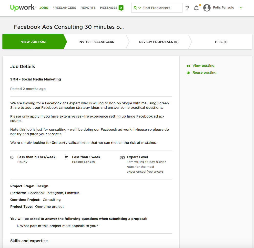 Upwork job posting for a 60-minute Facebook Ads consult