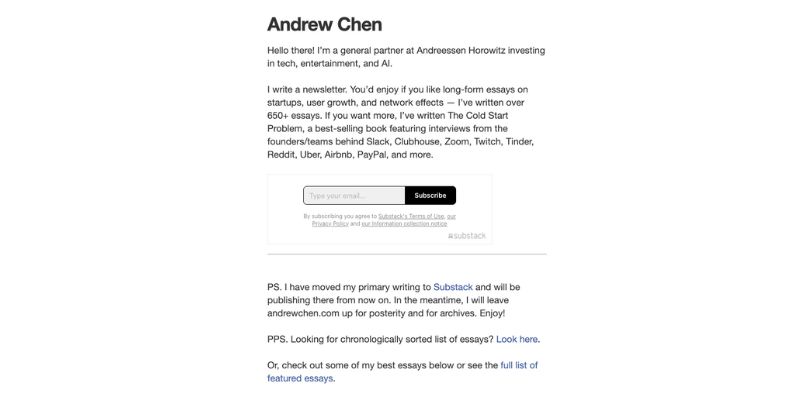 Andrew Chen marketing newsletter website