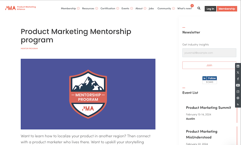 Product Marketing Alliance Mentorship Program page